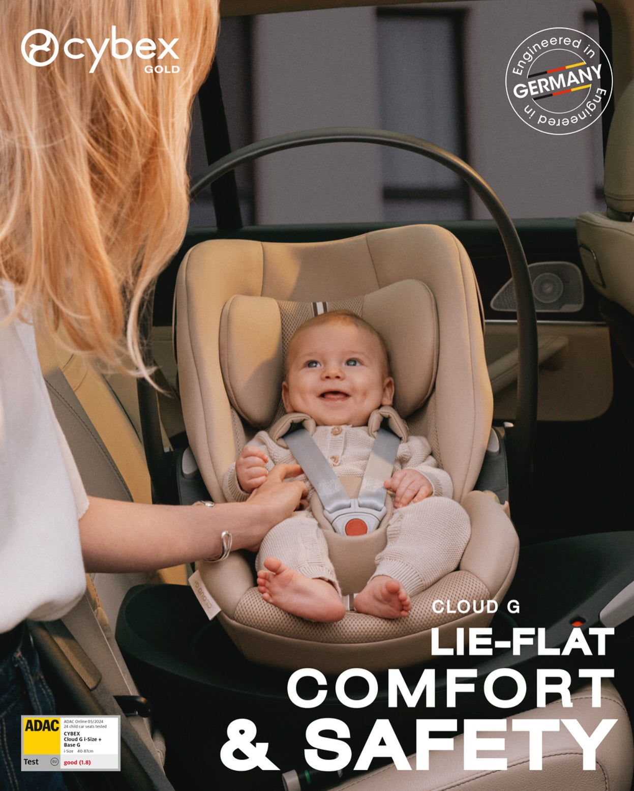Baby in a Cybex car seat with a woman adjusting it, set against a blurred car interior.