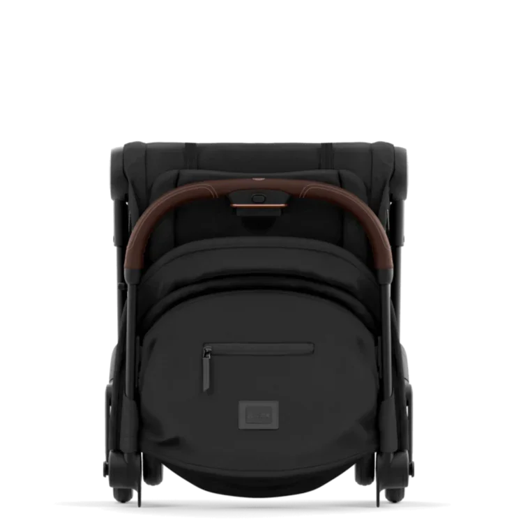Black baby stroller with brown handle on a white background