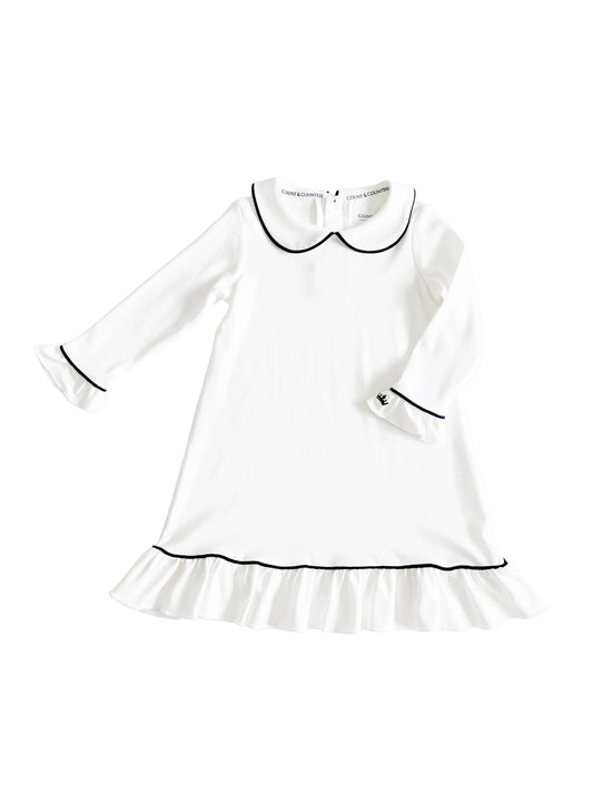 A classic white Pima cotton girl's sleep dress with short sleeves and a ruffled hemline, displayed against a white background.