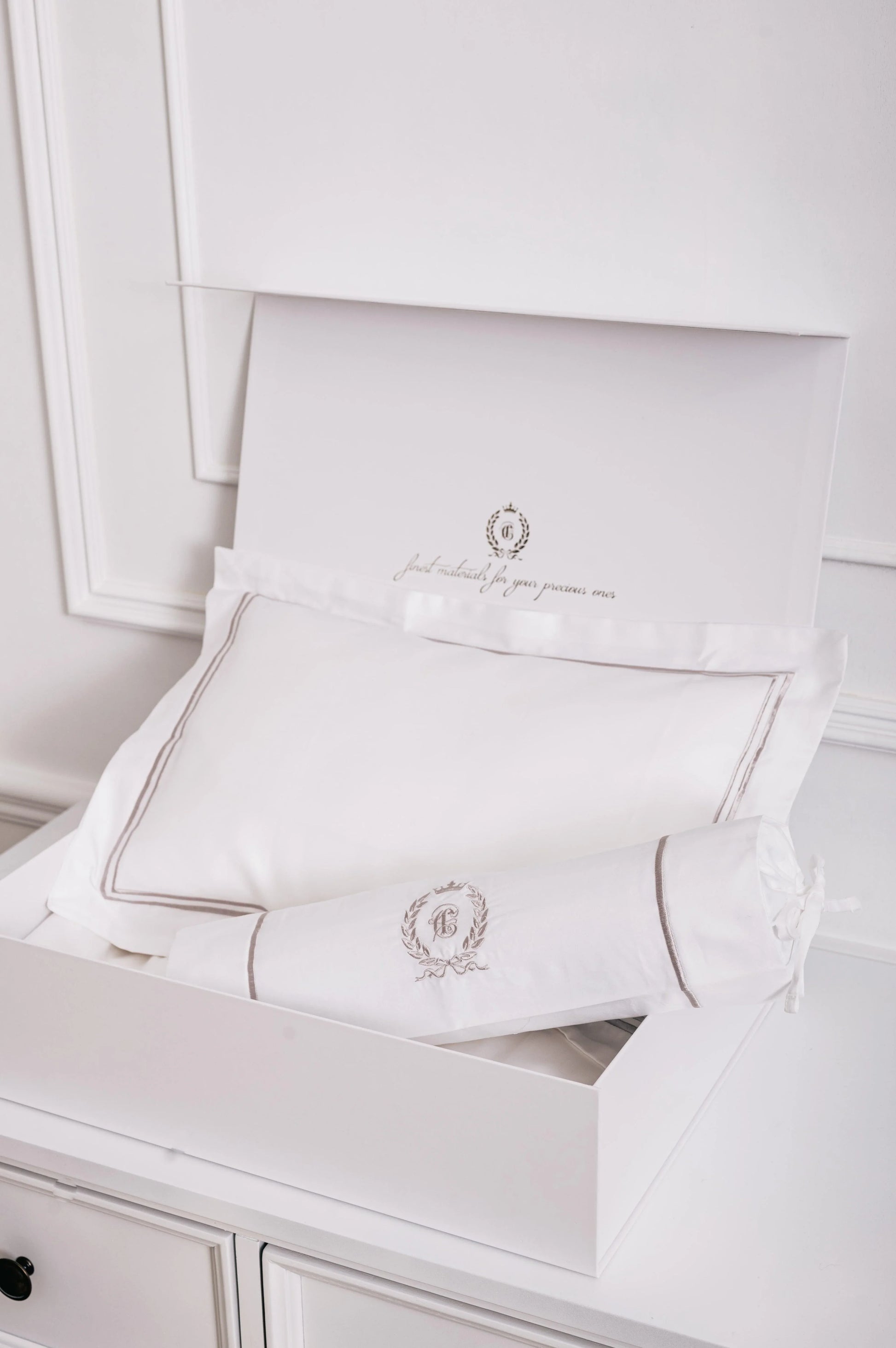 The Egyptian Cotton Nursery Collection Baby Bedding Set - Platinum White - Count & Countess