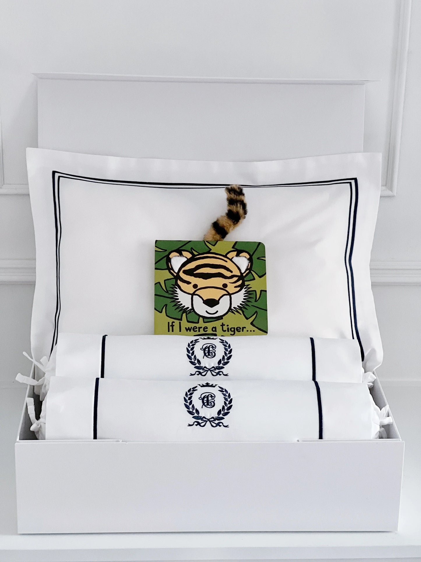 Luxury Baby White Beddings with Personalisation and Jellycat "If I Were a Tiger" Board Book