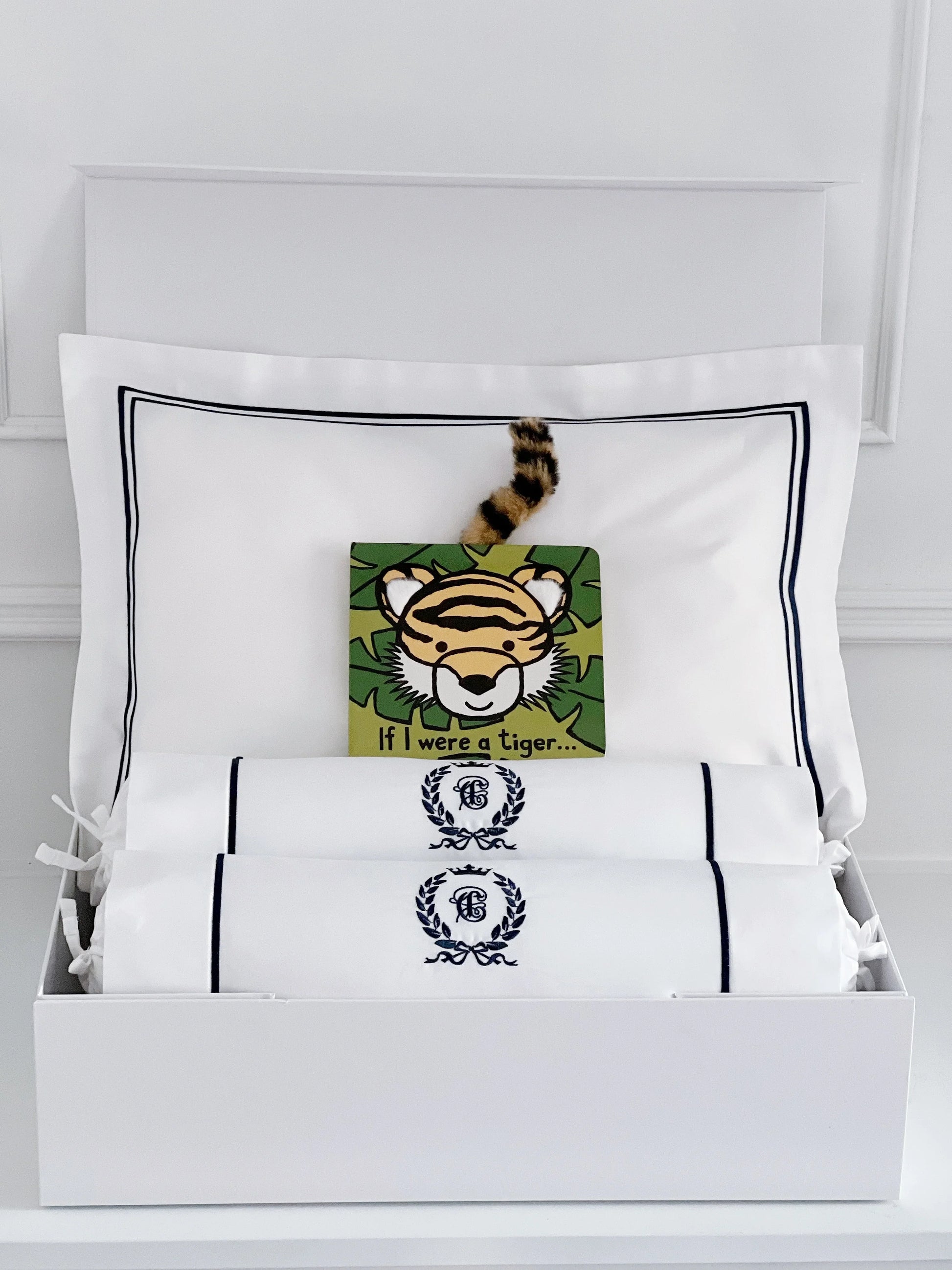 Luxury Baby White Beddings with Personalisation and Jellycat "If I Were a Tiger" Board Book