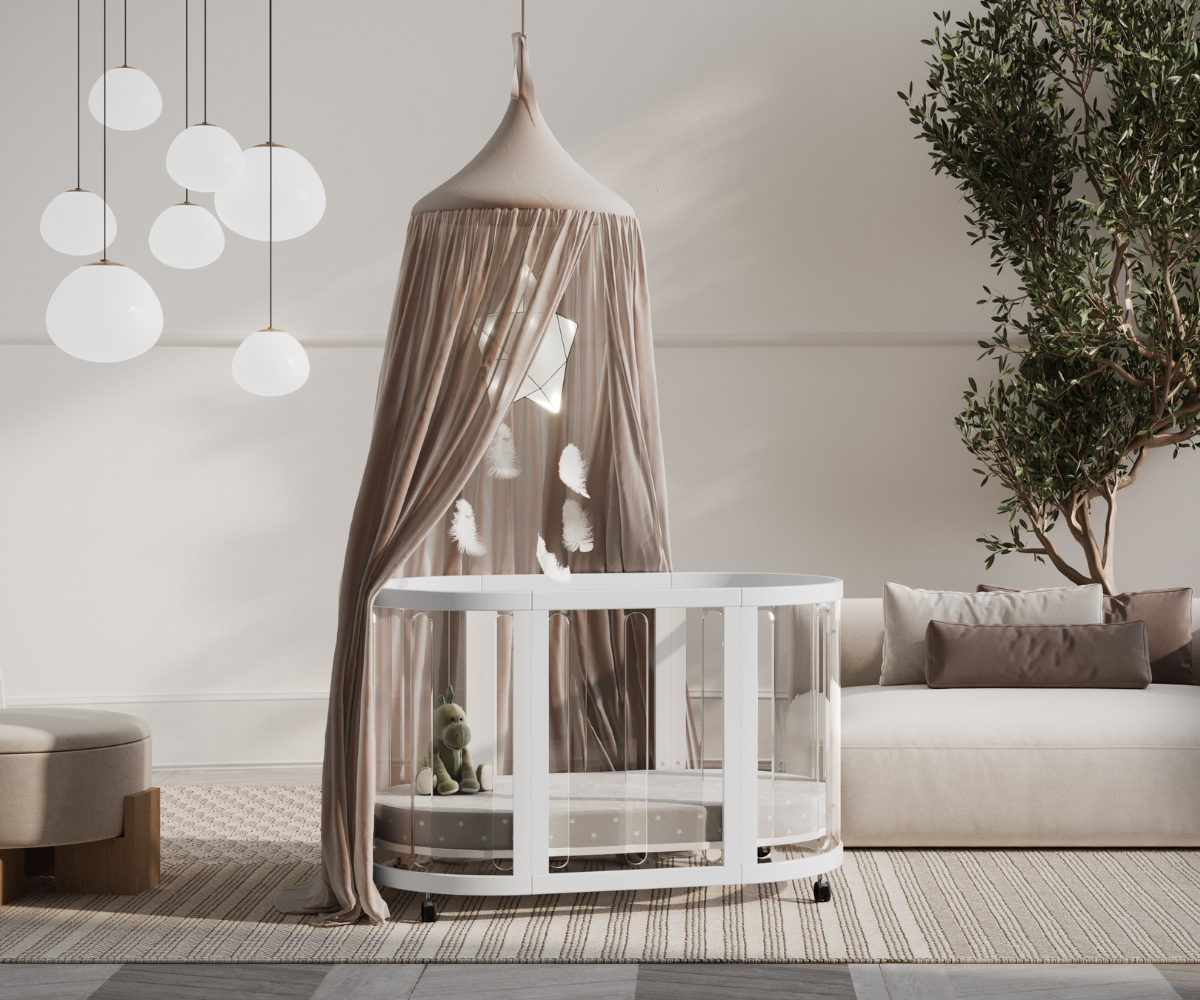 Modern nursery with a white babyhood crib, canopy, and decorative elements in a neutral-toned room.