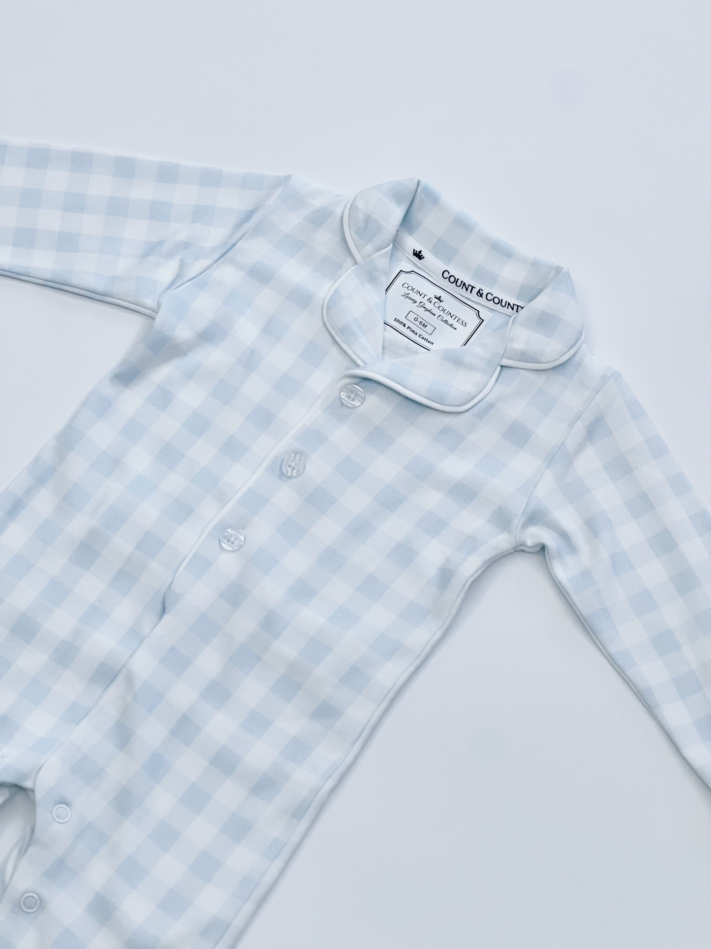 Baby Pima Romper Sleepsuit in Baby Blue Gingham