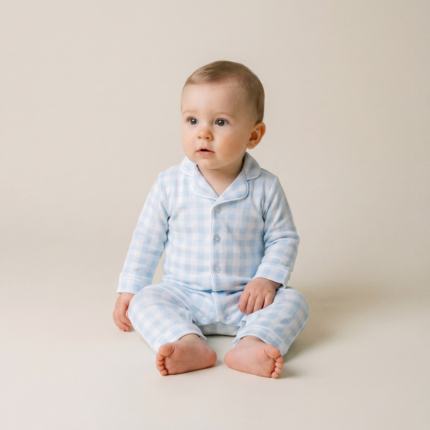 Baby Pima Romper Sleepsuit in Baby Blue Gingham