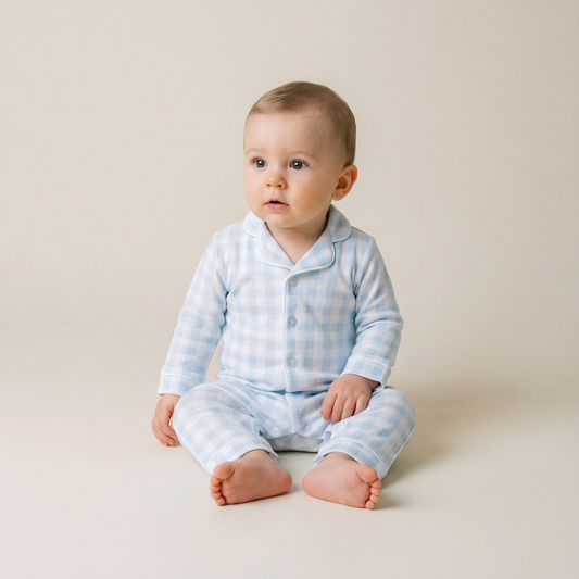 Baby Pima Romper Sleepsuit in Baby Blue Gingham
