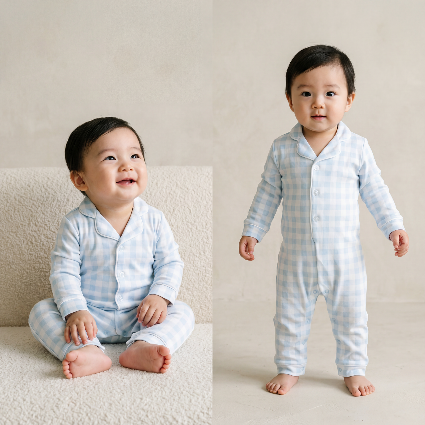 Baby Pima Romper Sleepsuit in Baby Blue Gingham