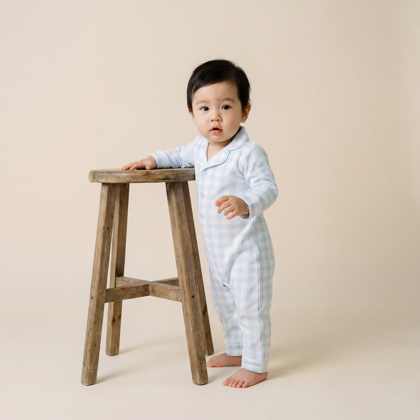 Baby Pima Romper Sleepsuit in Baby Blue Gingham