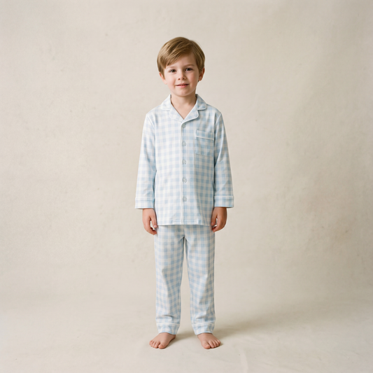 Kids Pima Loungewear Pyjamas in Baby Blue Gingham