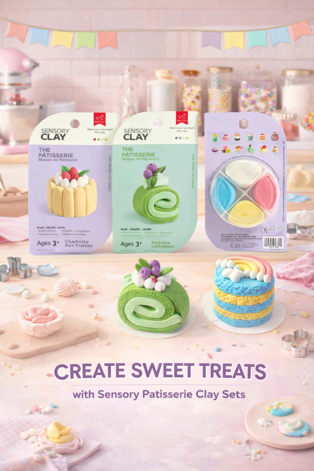 Sensory Patisserie Clay Sets with colorful clay rolls and packaging on a light background.