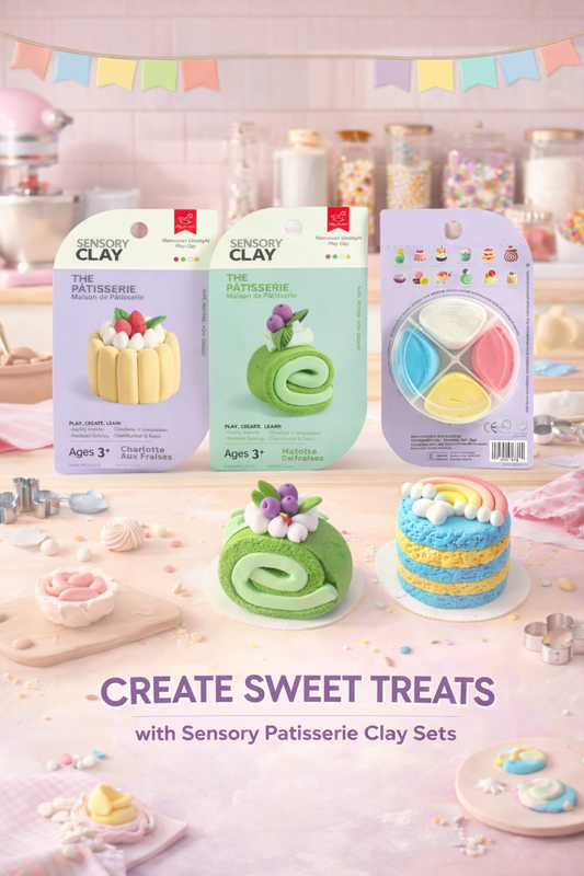 Sensory Patisserie Clay Sets with colorful clay rolls and packaging on a light background.