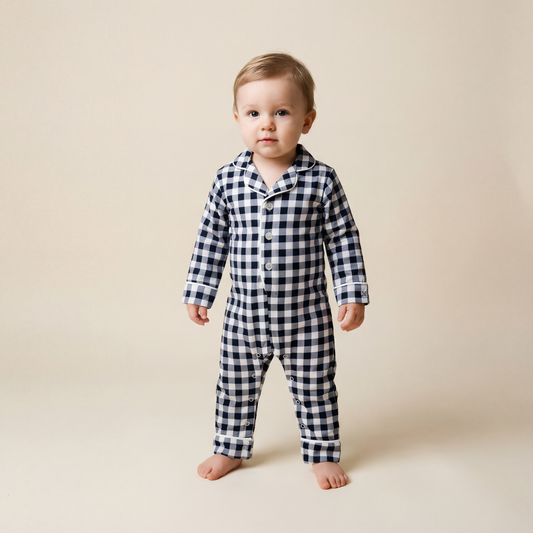 Baby Pima Romper Sleepsuit in Navy Gingham