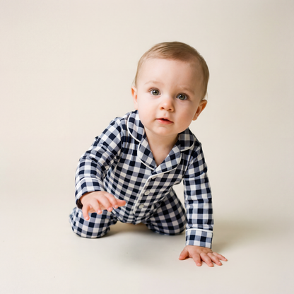 Baby Pima Romper Sleepsuit in Navy Gingham