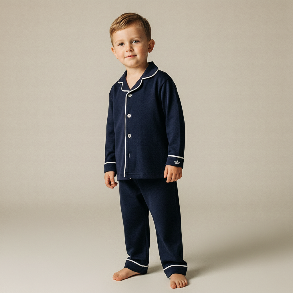 Child wearing navy pajamas with white trim on a beige background
