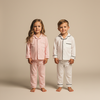 Two children wearing matching pajama sets on a beige background