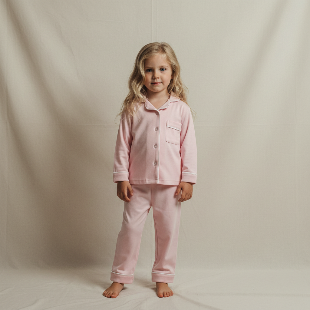 Young girl wearing pink pajamas against a plain background