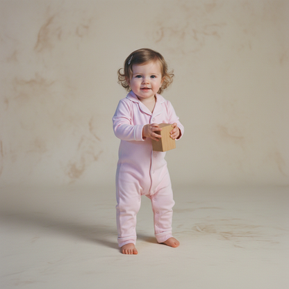 Child wearing a pink onesie holding a wooden block against a neutral background