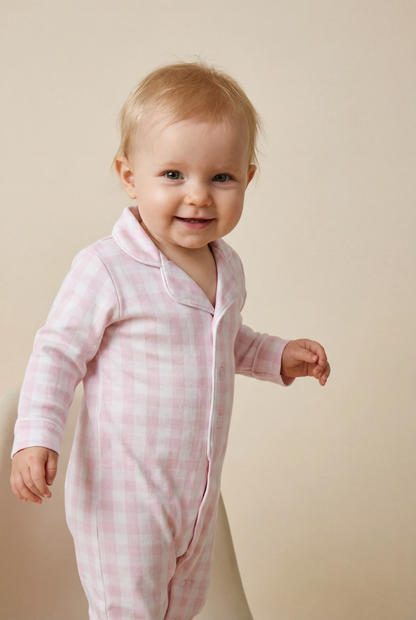 Baby Pima Romper Sleepsuit in Pink Gingham