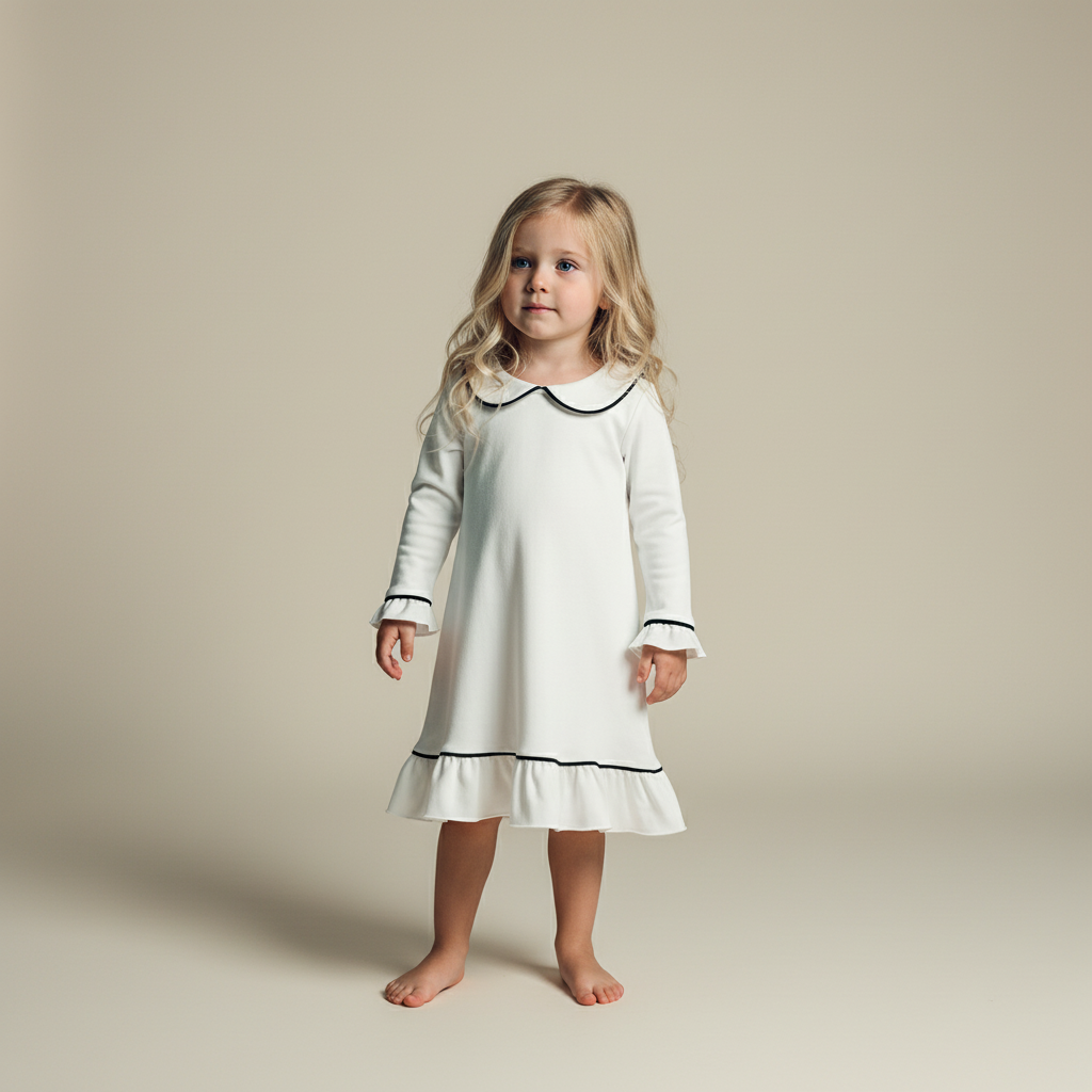 Young girl wearing a white sleep dress with black trim on a beige background