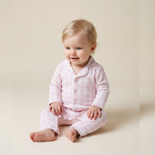 Baby Pima Romper Sleepsuit in Pink Gingham