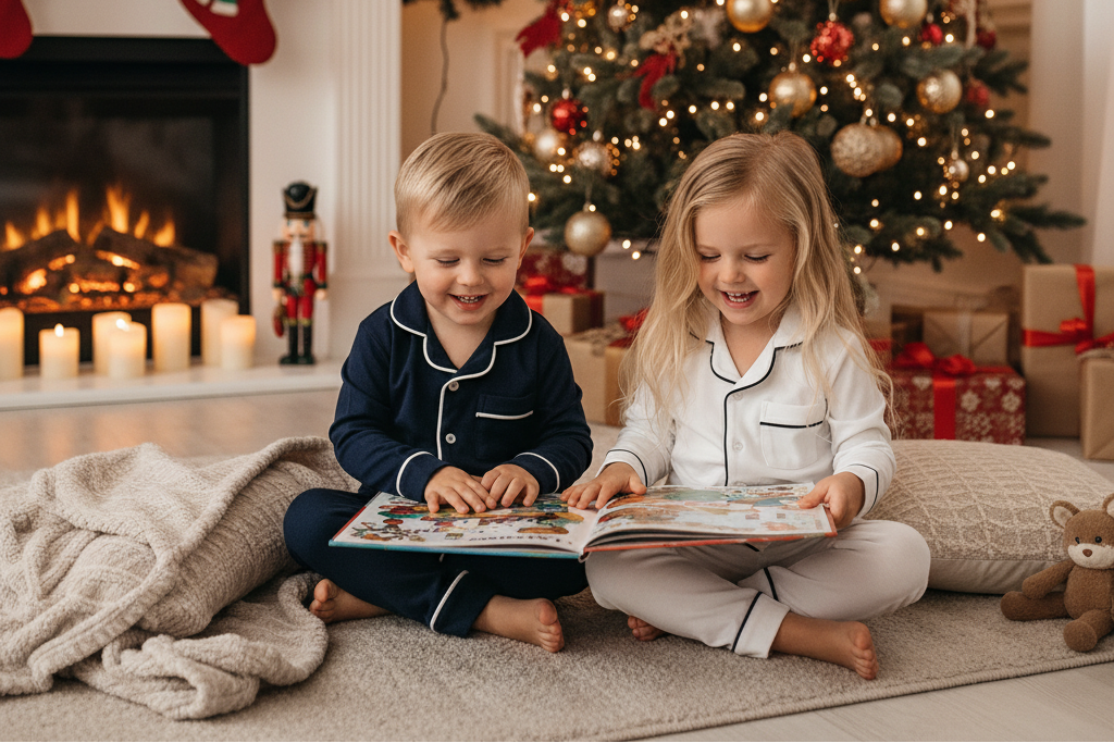 Two children in count & countess luxury pajamas reading a book in front of a Christmas tree and fireplace.