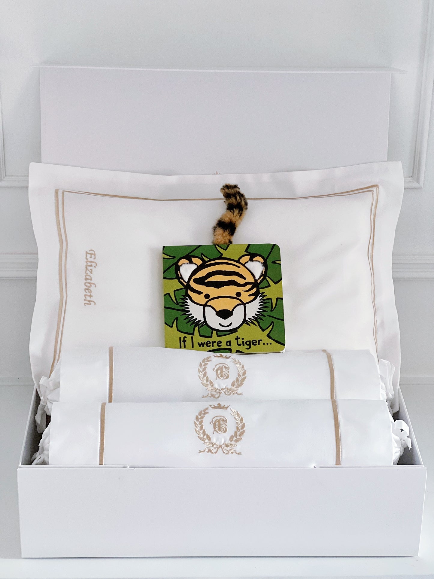 Luxury Baby White Beddings with Personalisation and Jellycat Board Book