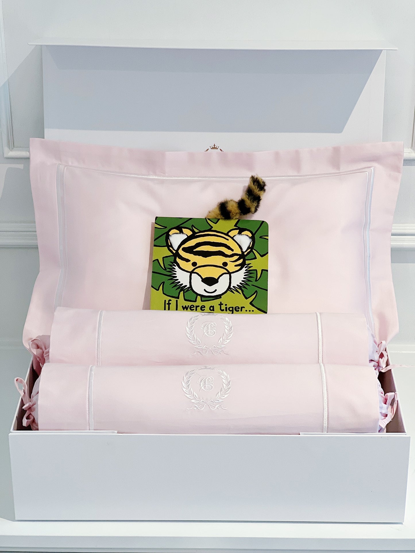 Luxury Baby Girl Nursery Beddings Gift Set with Personalisation and Jellycat Tiger Board Book