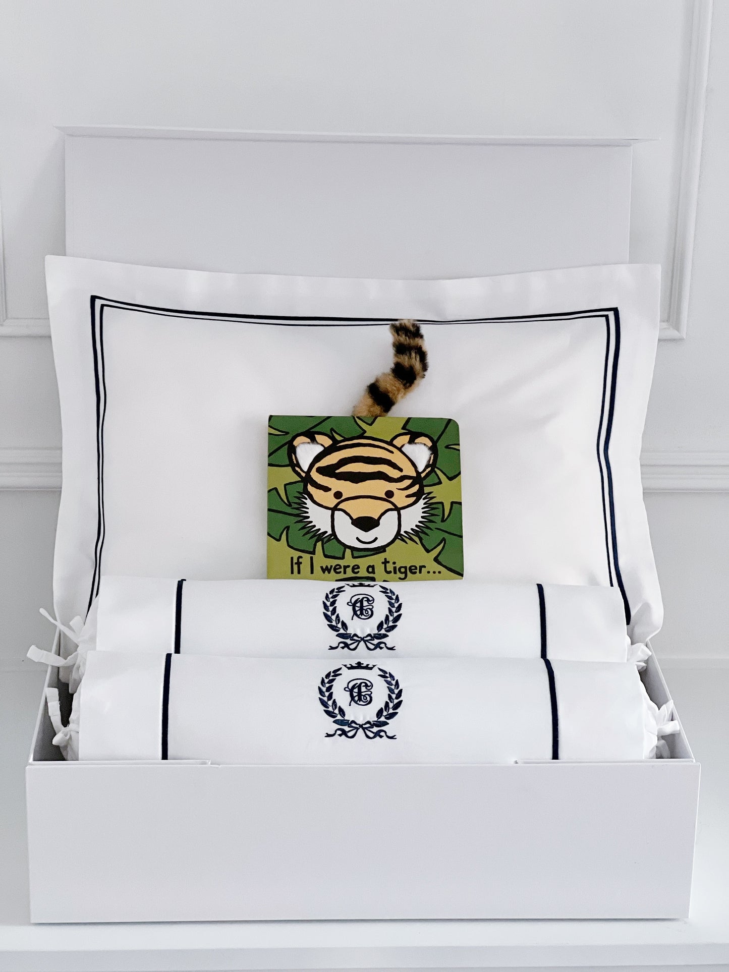 Luxury Baby White Beddings with Personalisation and Jellycat "If I Were a Tiger" Board Book